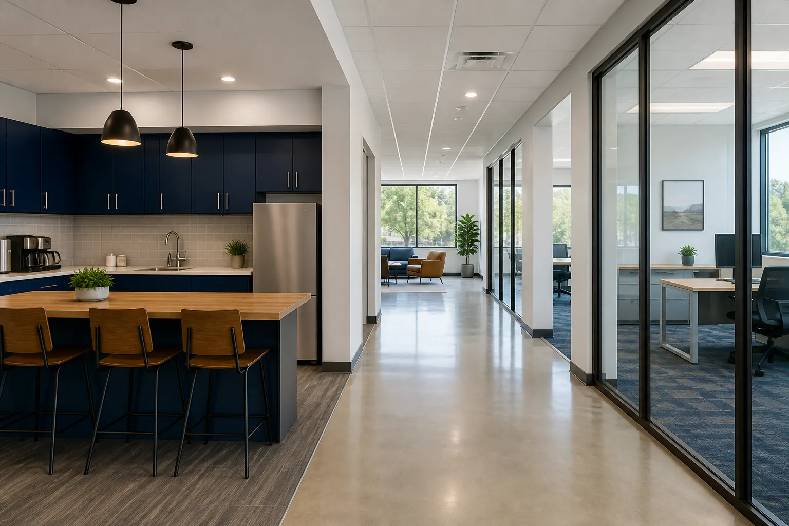 People-free janitorial service setting with shared tables, seating, and hard-surface floors